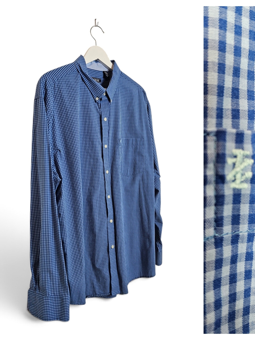 IZOD Men's Shirt XL Premium Essentials Gingham Cotton Button Down L/S Blue